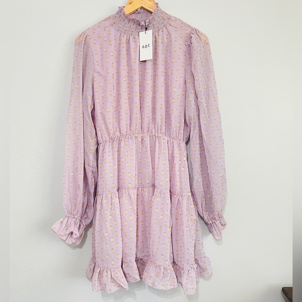 NEW o.p.t Lavender Gold Metallic Clip Dot Smocked Mock‎ Neck Tiered Mini Dress